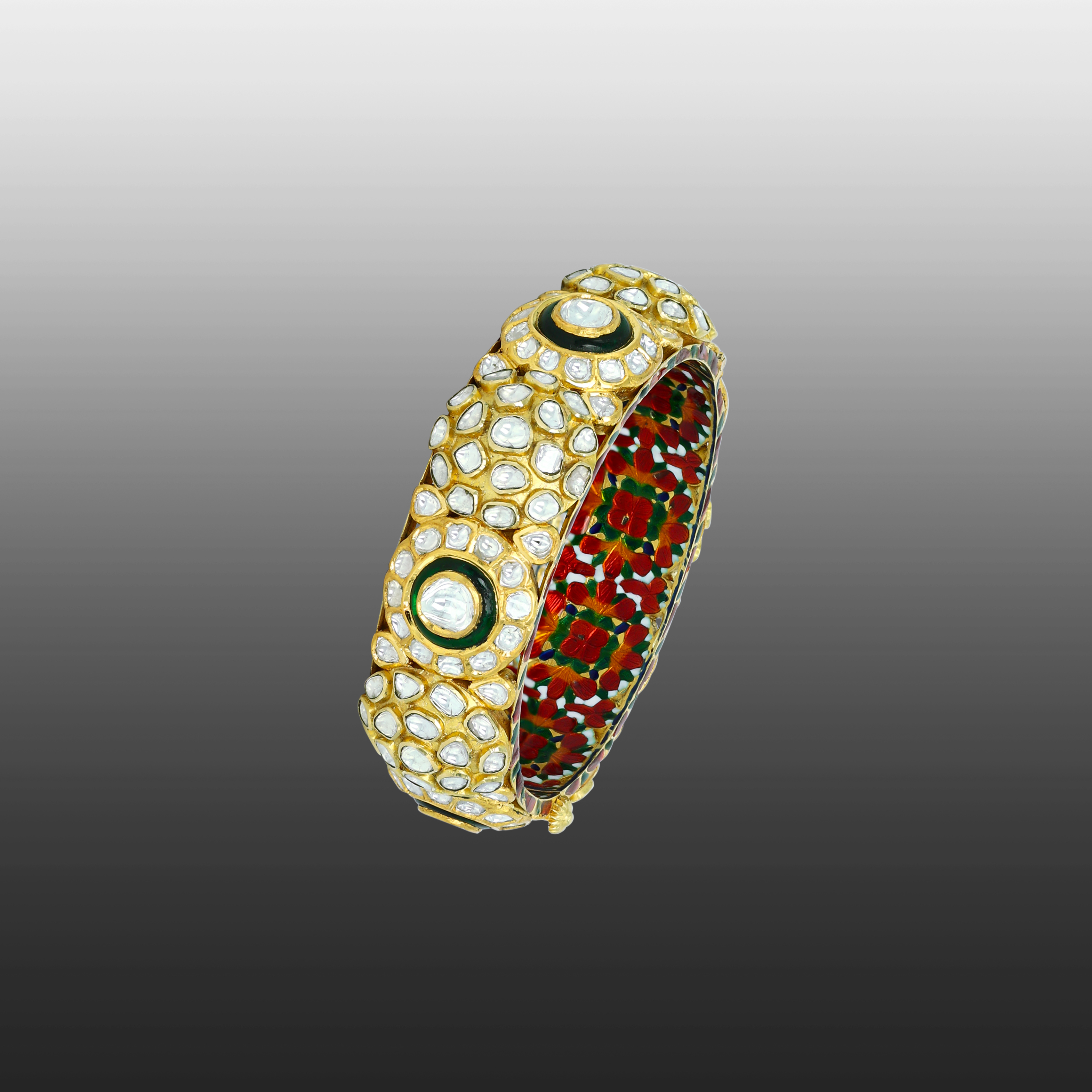Makadi Polki Bangle with Red-Green Floral Enamel Detail